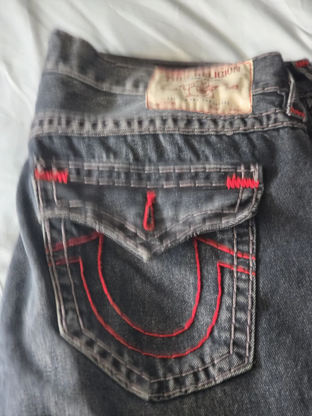 True Religion Men's Dark Blue Slim Straight Jeans with Red Accents
